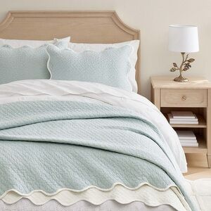 PB teen sweet scallop coverlet and shams- cloud blue